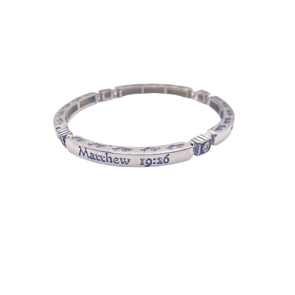 Antique Silver Engraved Verse Matthew 19:26 Stretch Bracelet